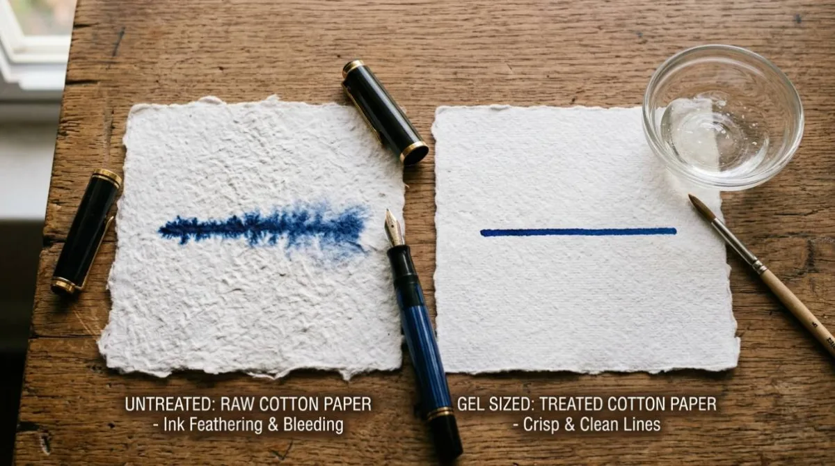 Comparativo de tinta borrando em papel sem cola e escrita limpa em papel artesanal com banho de cola
