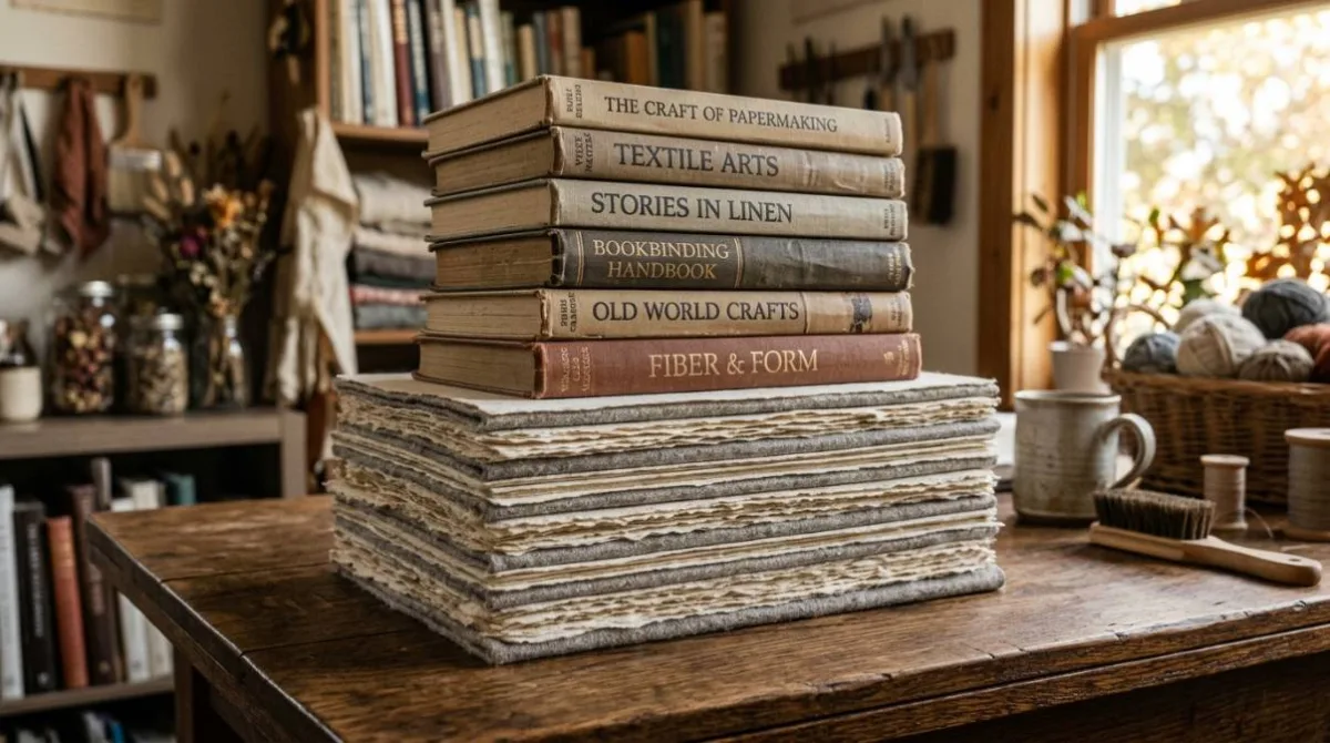 Folhas de papel artesanal prensadas entre feltros e livros para secar sem ondular