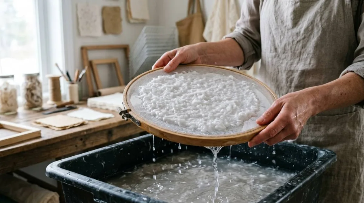 Mãos levantando a tela com a folha de papel artesanal ainda molhada da tina de polpa