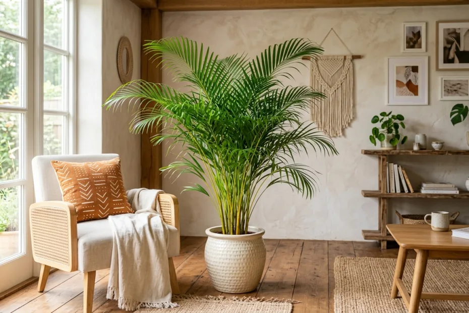 Palmeira Areca Bambu em vaso decorativo na sala de estar iluminada