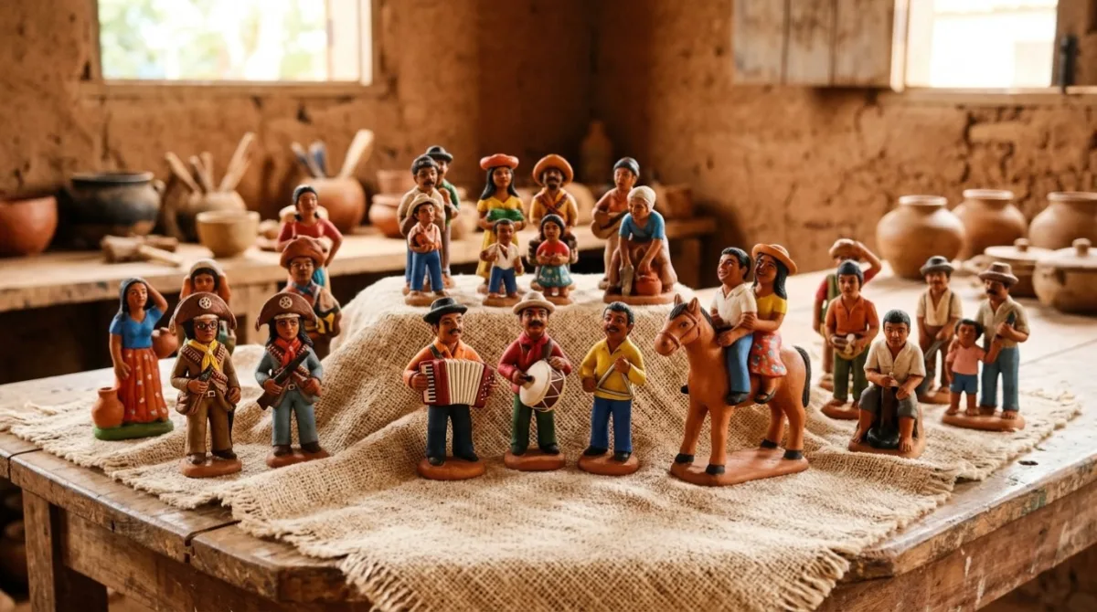 coleção de esculturas em barro pintado no estilo do Alto do Moura, Caruaru, Pernambuco