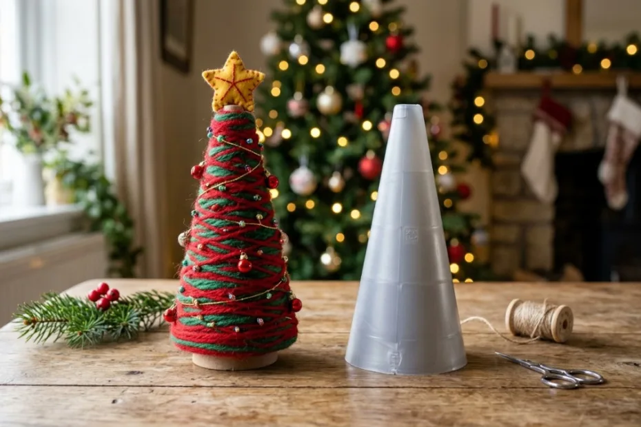 árvore de natal feita com cones de linha usados