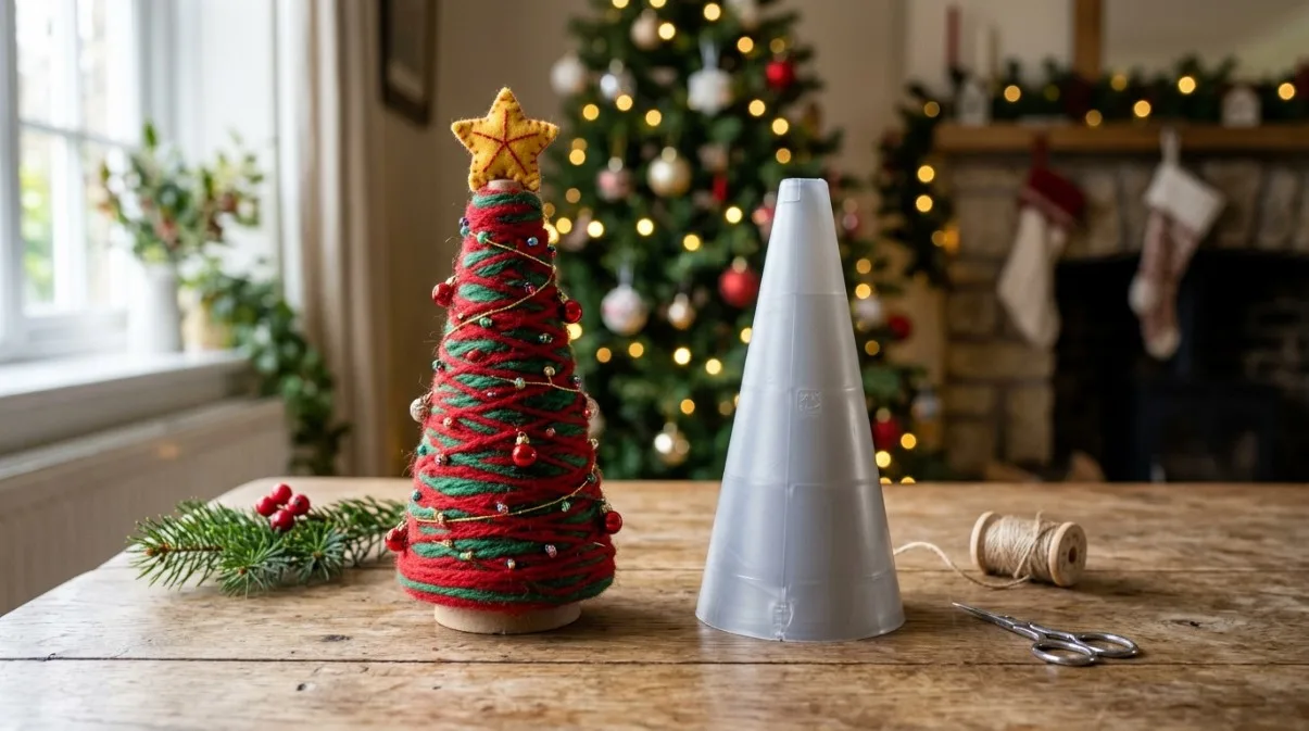 árvore de natal feita com cones de linha usados