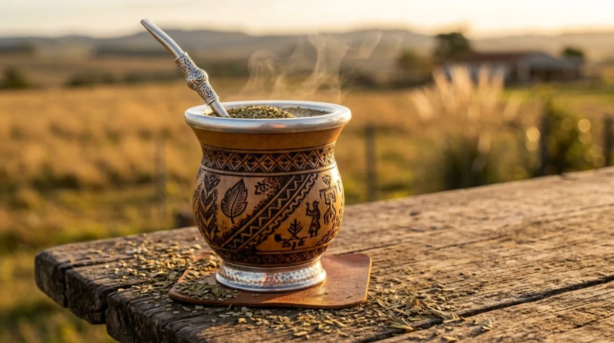 cuia de chimarrão artesanal ricamente decorada com pirografia