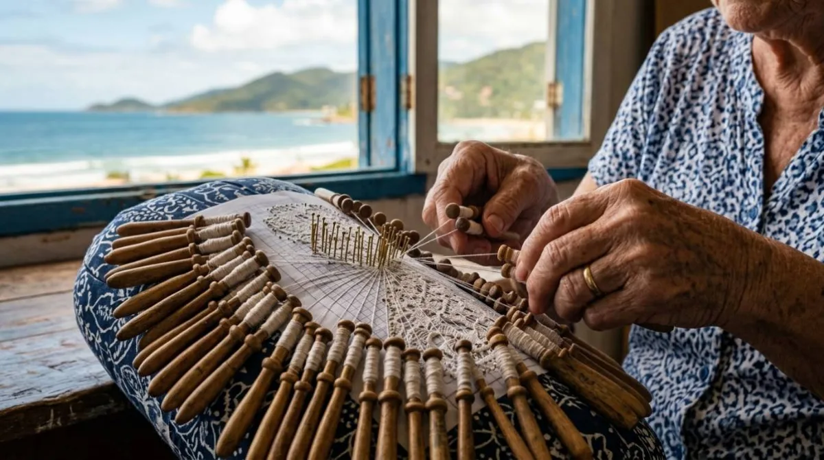 mãos anciãs de rendeira catarinense trabalhando na renda
