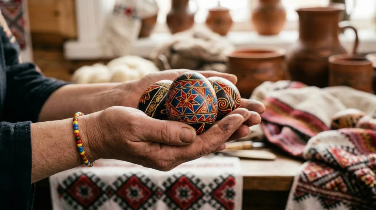 mãos femininas de artesã segurando ovos pêssanka tradicionais ucranianos