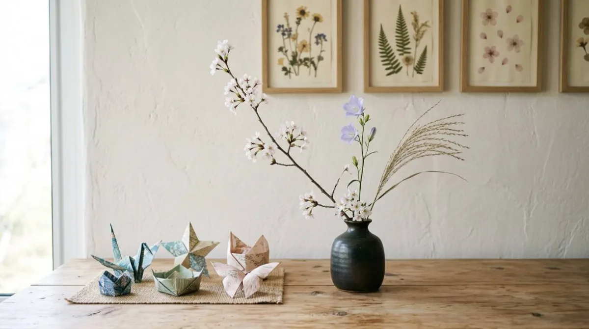 peças de origami em papel japonês colorido ao lado de um arranjo floral