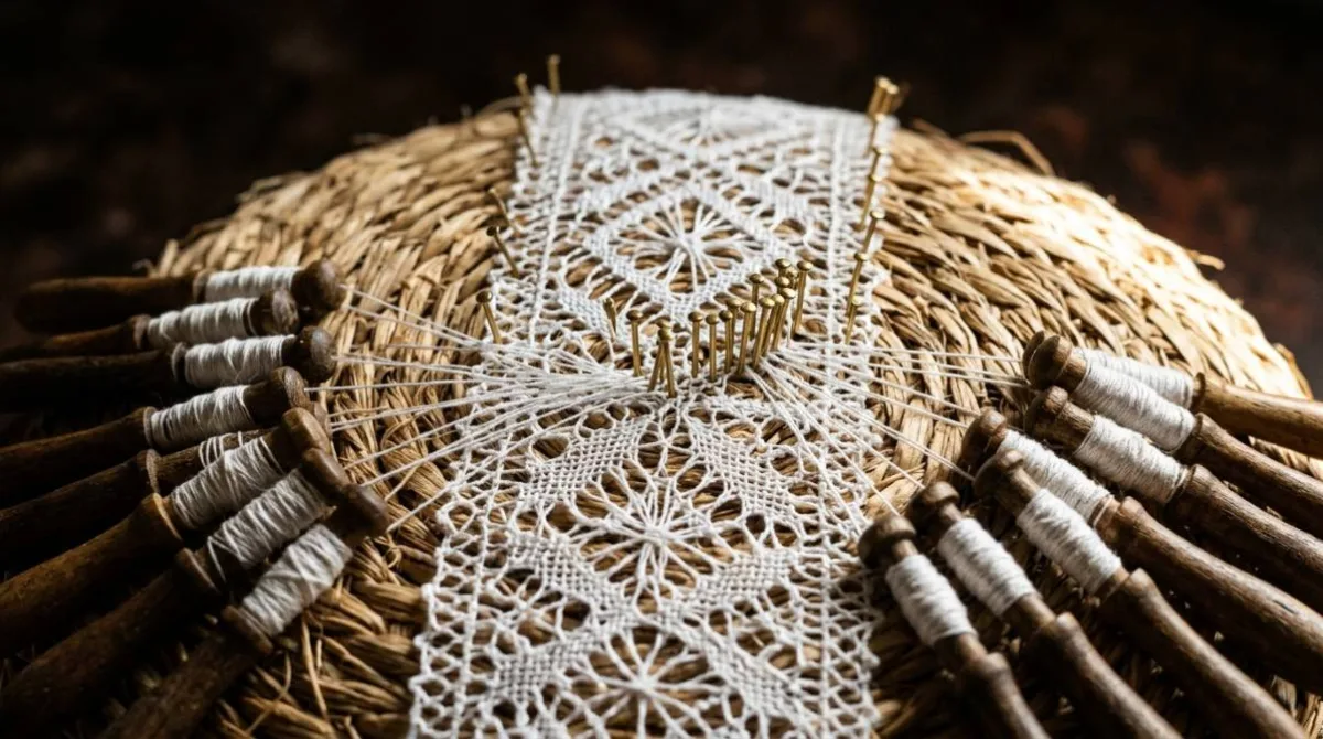 renda de bilro branca sobre almofada de palha nordestina