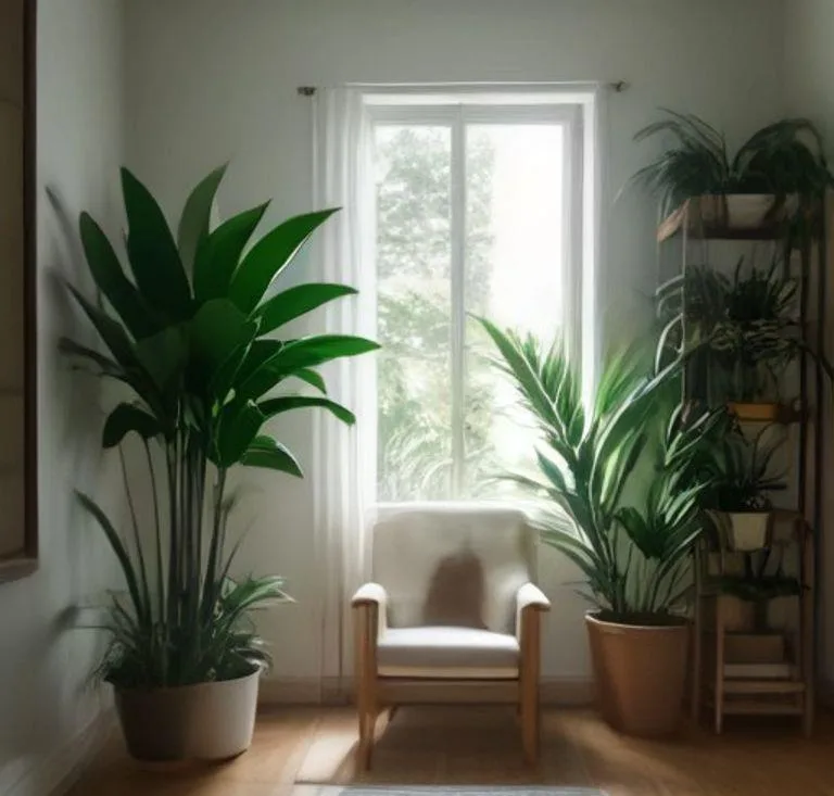 Decoração de interiores aconchegante com zamioculca e plantas de interior ao lado de poltrona