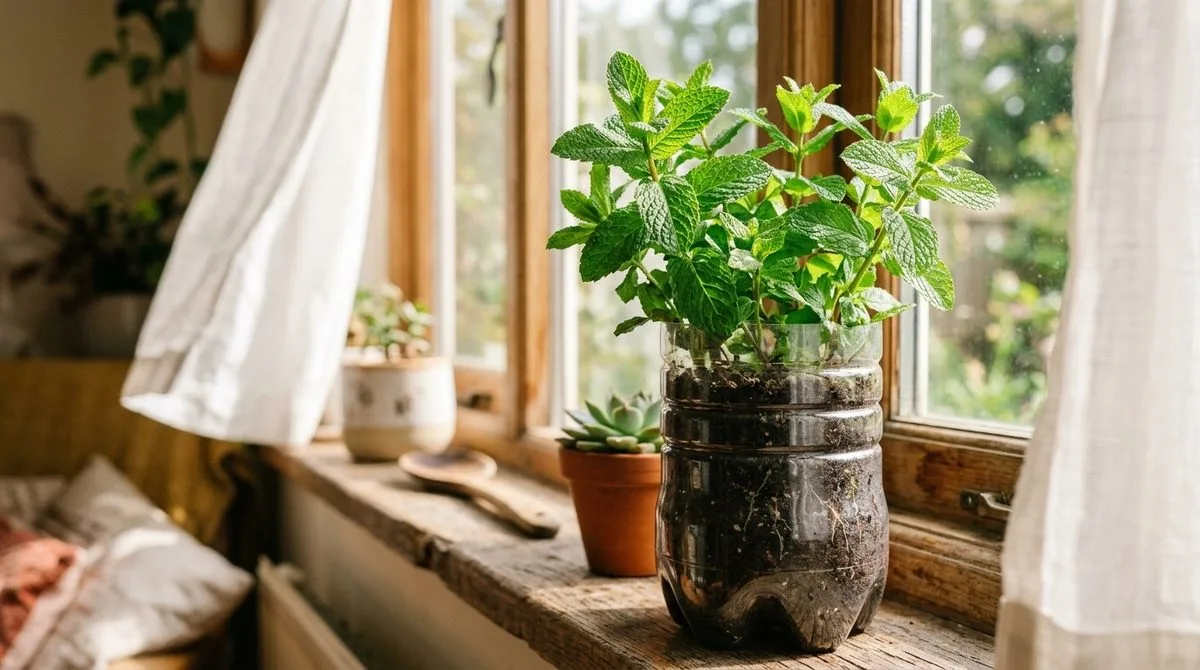 pé de hortela plantada em garrafa et
