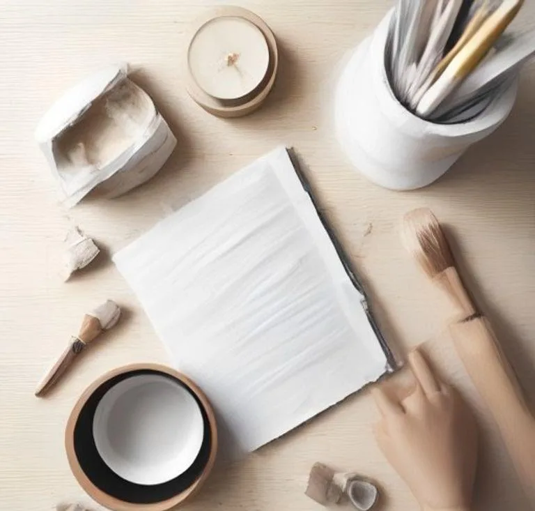 Materiais para artesanato de papel machê organizados em mesa de madeira com jornal cola e tintas