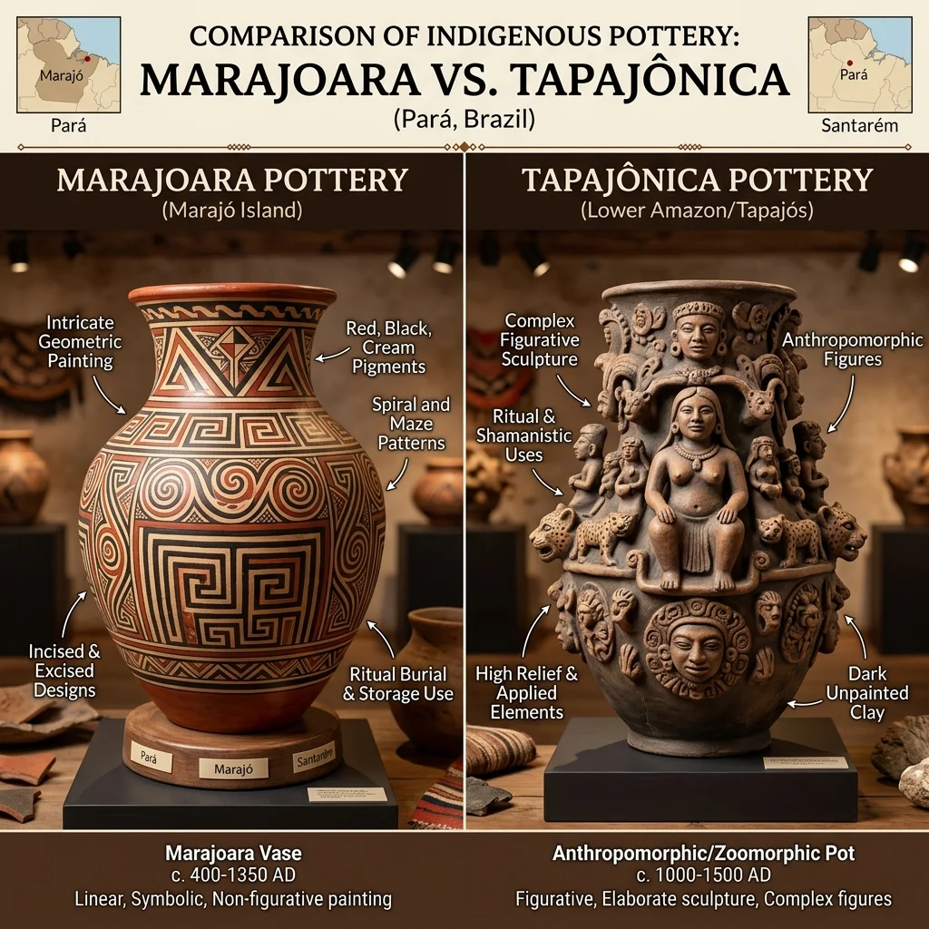 Comparação ilustrada entre cerâmica marajoara e cerâmica tapajônica do Pará