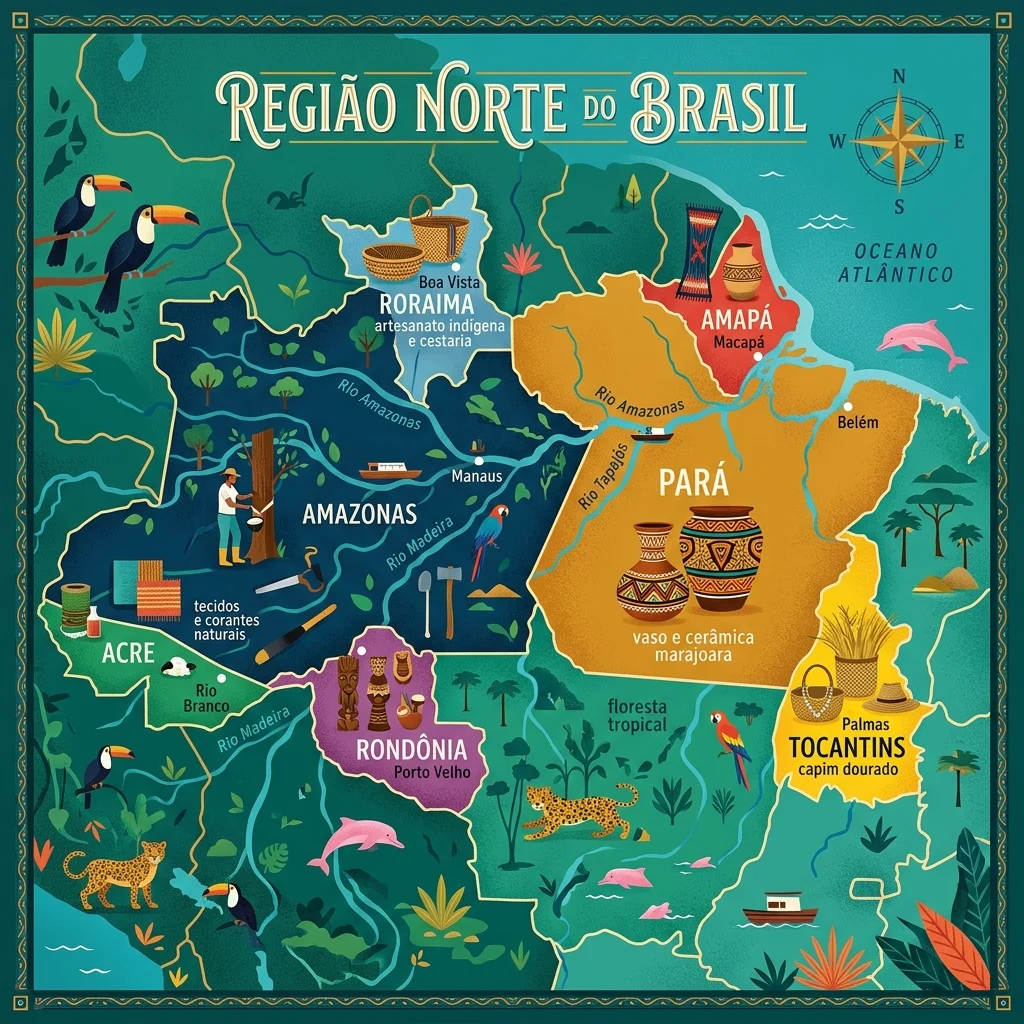 Mapa ilustrado com os sete estados e exemplos de artesanato da Região Norte