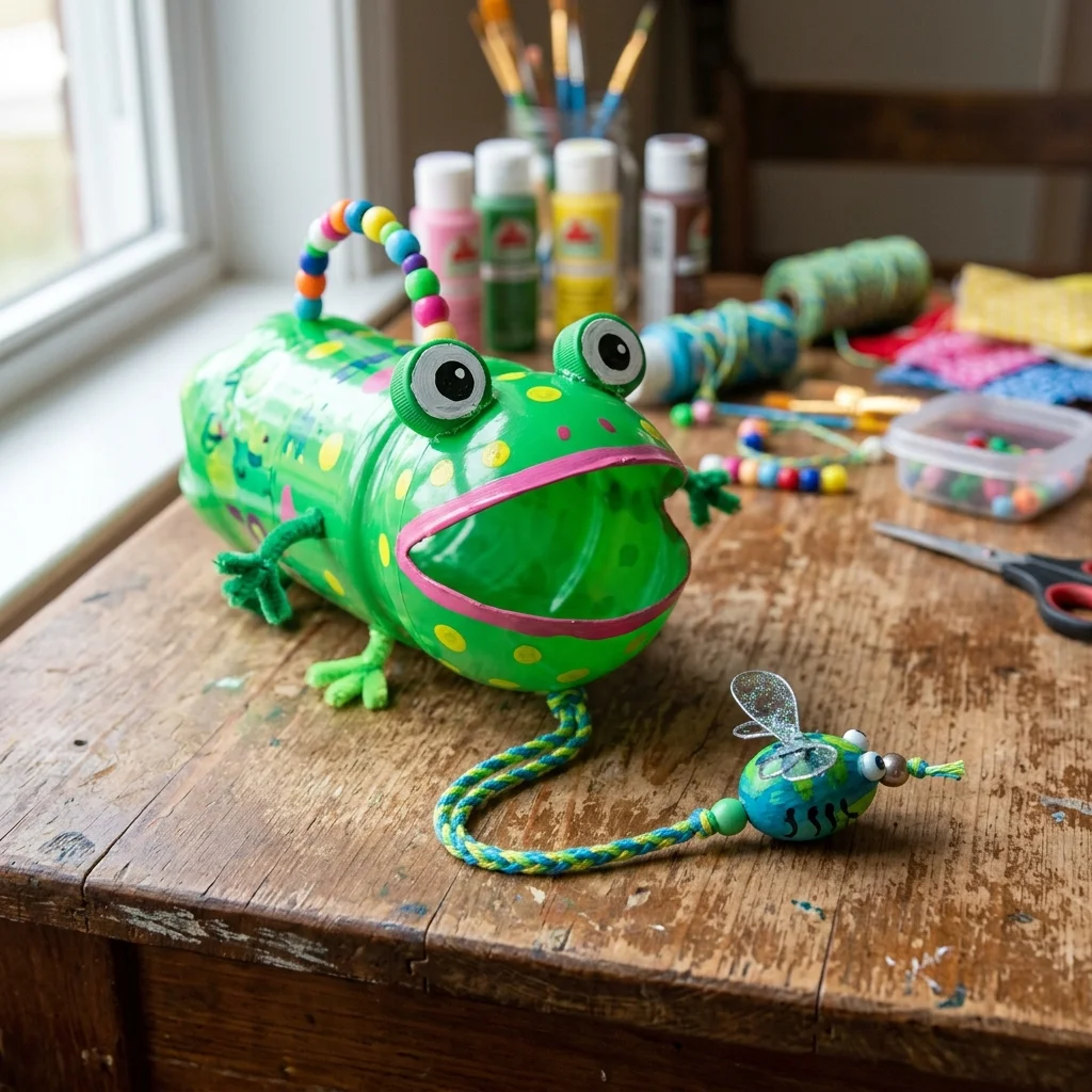 Brinquedo bilboquê de garrafa PET feito à mão com formato de sapo verde e mosca na linha