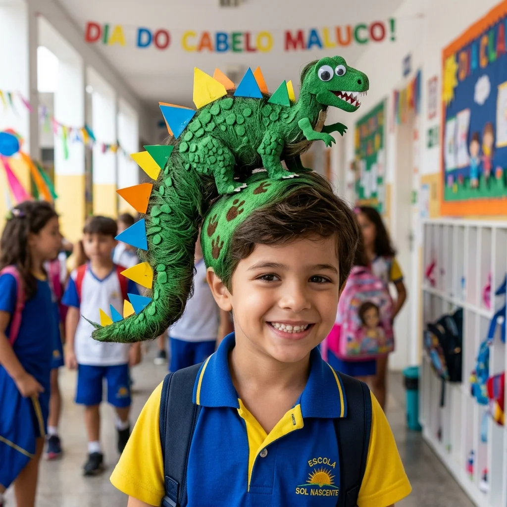 Cabelo maluco dinossauro de menino pintado de verde com espinhos de EVA