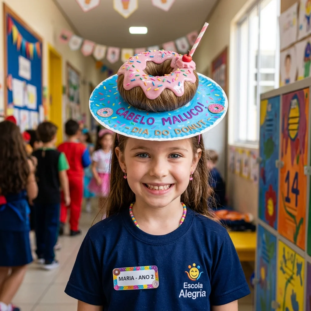 Penteado de cabelo maluco Donuts feito com pratinho de papel e granulados falsos