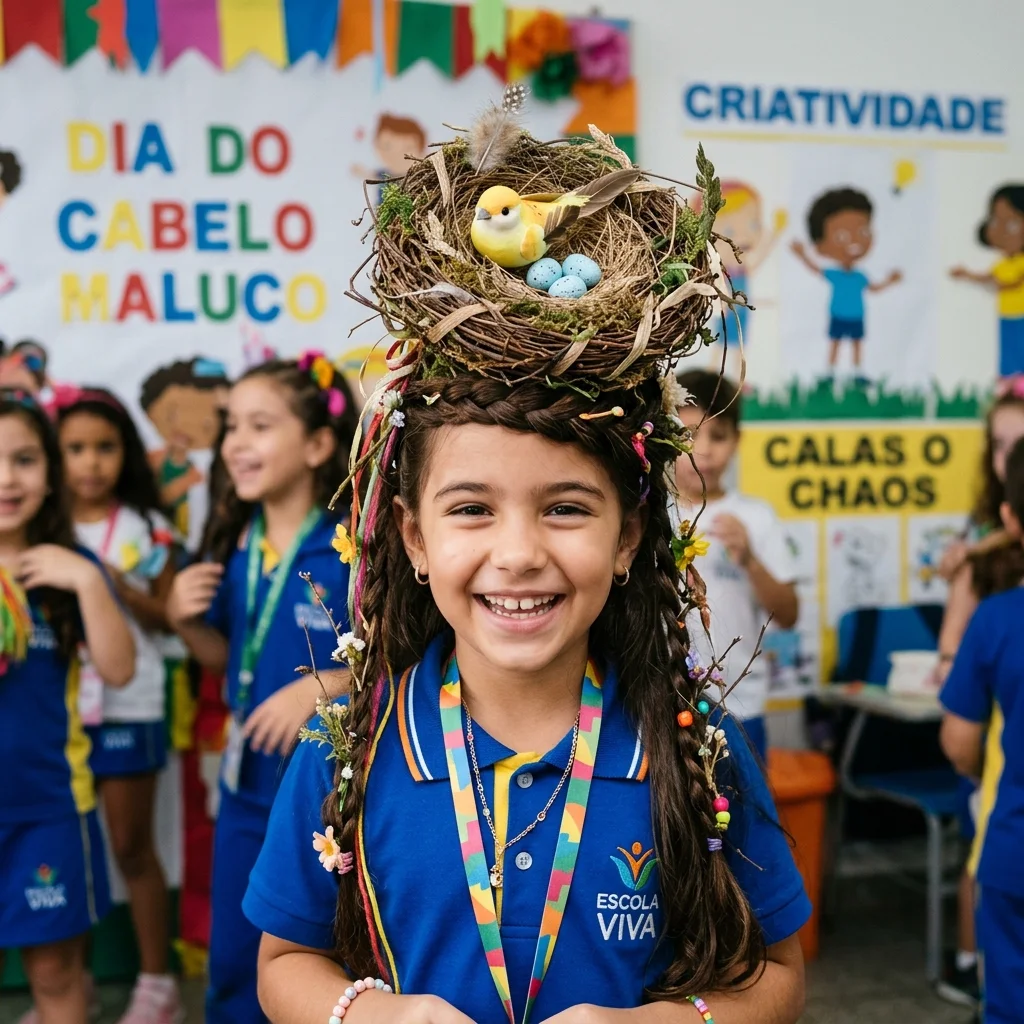 Penteado infantil ninho de passarinho com ovos azuis de brinquedo