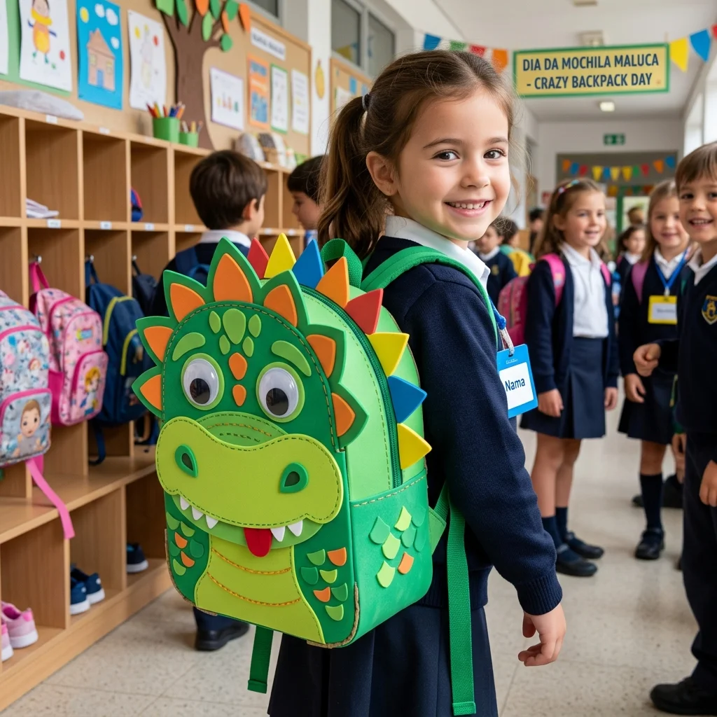Mochila maluca dinossauro verde com escamas em EVA