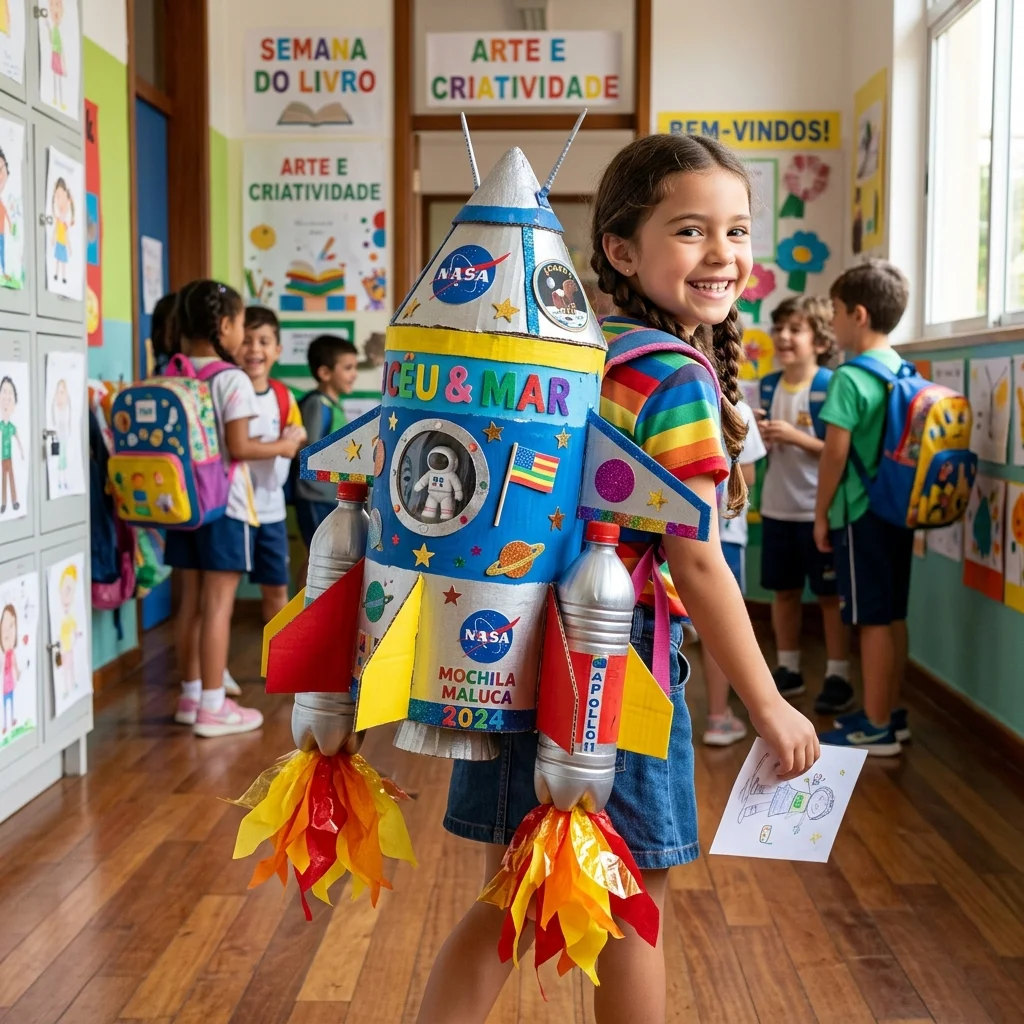 Mochila maluca tema foguete da NASA feita de garrafas pet e papelao