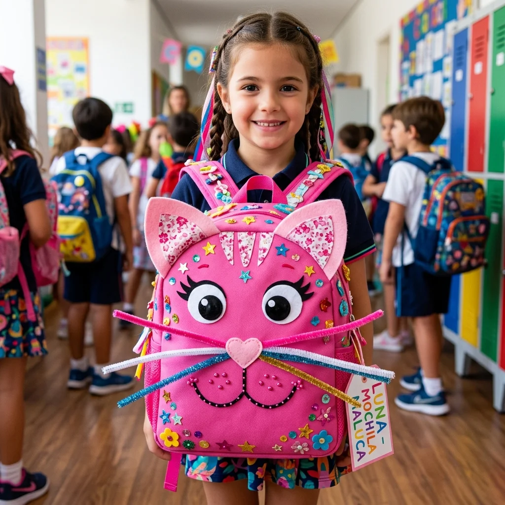 Mochila maluca gatinho rosa com orelhas e bigodes