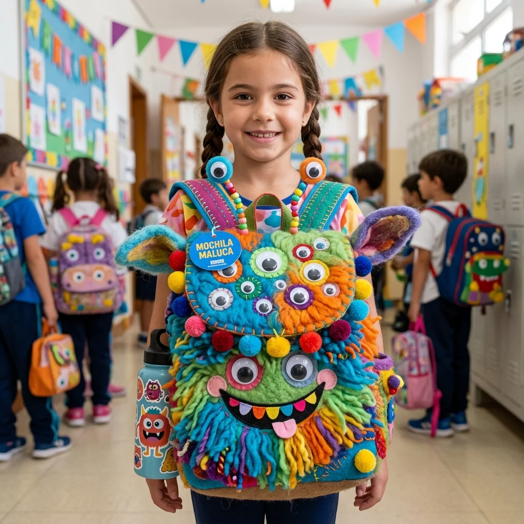 Mochila maluca monstro colorido com muitos olhos