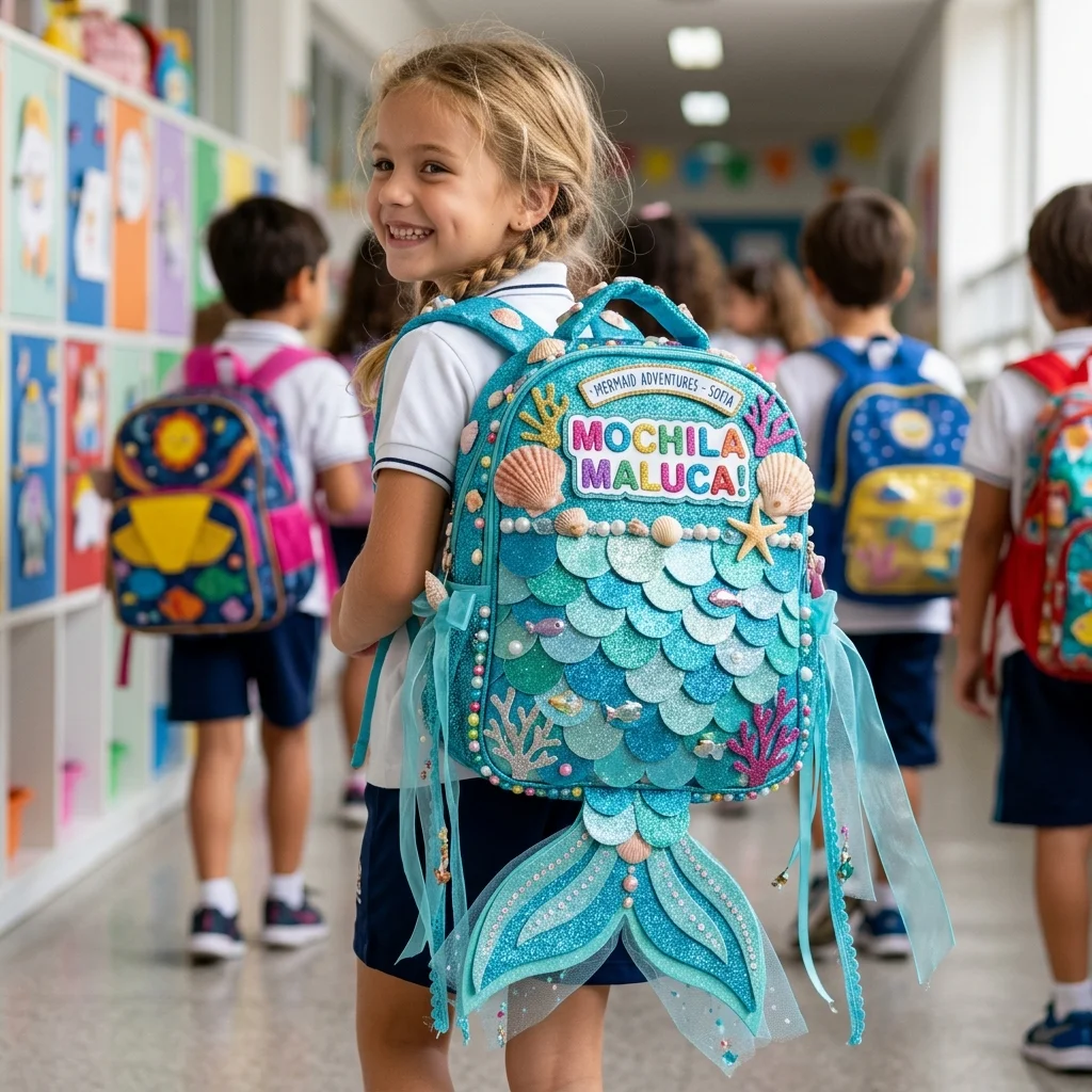 Mochila maluca cauda de sereia com escamas brilhantes