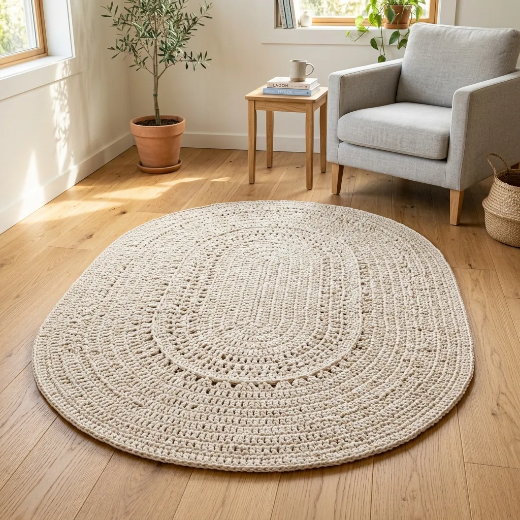 Tapete de crochê oval de barbante simples finalizado sobre piso de madeira